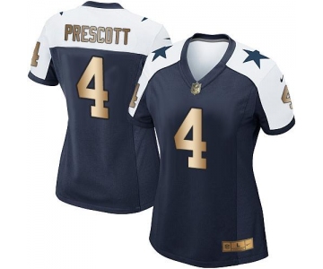 Nike Cowboys #4 Dak Prescott Navy Blue Thanksgiving Throwback Women's Stitched NFL Elite Gold Jersey