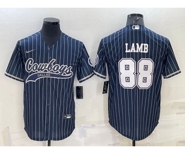 Men's Dallas Cowboys #88 CeeDee Lamb Navy With Patch Cool Base Stitched Baseball Jersey