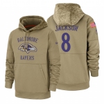 Baltimore Ravens #8 Lamar Jackson Nike Tan 2019 Salute To Service Name & Number Sideline Therma Pullover Hoodie