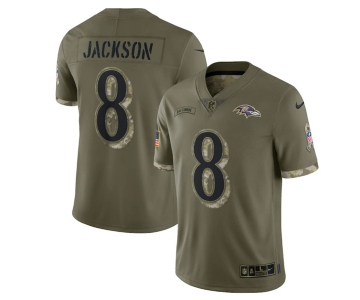 Men's Baltimore Ravens #8 Lamar Jackson 2022 Olive Salute To Service Limited Stitched Jersey