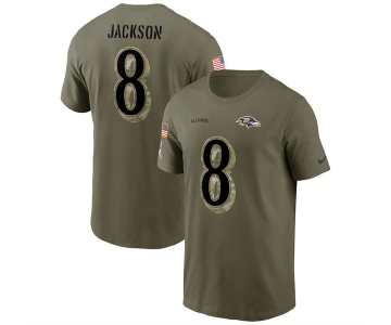 Men's Baltimore Ravens #8 Lamar Jackson 2022 Olive Salute to Service T-Shirt
