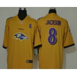 Men's Baltimore Ravens #8 Lamar Jackson Gold 2020 Big Logo Number Vapor Untouchable Stitched NFL Nike Fashion Limited Jersey
