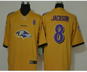 Men's Baltimore Ravens #8 Lamar Jackson Gold 2020 Big Logo Number Vapor Untouchable Stitched NFL Nike Fashion Limited Jersey