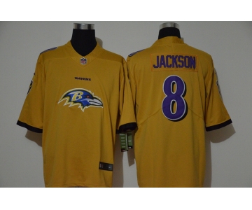 Men's Baltimore Ravens #8 Lamar Jackson Gold 2020 Big Logo Vapor Untouchable Stitched NFL Nike Fashion Limited Jersey