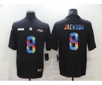 Men's Baltimore Ravens #8 Lamar Jackson Multi-Color Black 2020 NFL Crucial Catch Vapor Untouchable Nike Limited Jersey