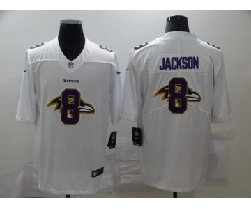 Men's Baltimore Ravens #8 Lamar Jackson White 2020 Shadow Logo Vapor Untouchable Stitched NFL Nike Limited Jersey