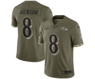 Men's Womens Youth Kids Baltimore Ravens #8 Lamar Jackson Nike 2022 Salute To Service Limited Jersey - Olive