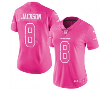Nike Ravens #8 Lamar Jackson Pink Women's Stitched NFL Limited Rush Fashion Jersey