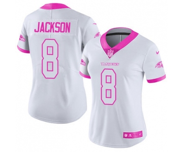 Nike Ravens #8 Lamar Jackson White Pink Women's Stitched NFL Limited Rush Fashion Jersey