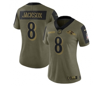 Women's Baltimore Ravens #8 Lamar Jackson Nike Olive 2021 Salute To Service Limited Player Jersey