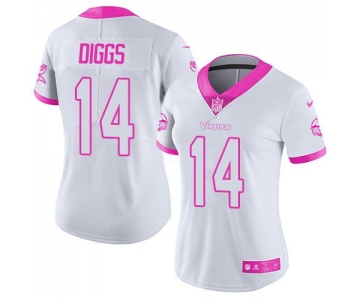 Nike Vikings #14 Stefon Diggs White Pink Women's Stitched NFL Limited Rush Fashion Jersey