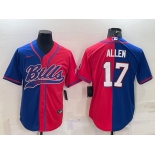 Men's Buffalo Bills #17 Josh Allen Royal Red Split With Patch Cool Base Stitched Baseball Jersey