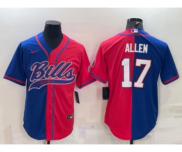 Men's Buffalo Bills #17 Josh Allen Royal Red Split With Patch Cool Base Stitched Baseball Jersey