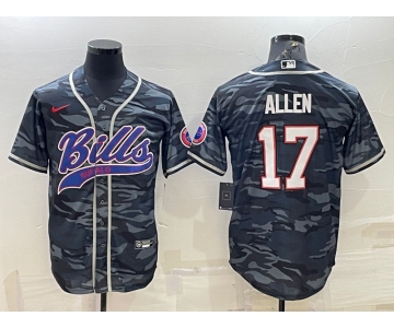 Men's Buffalo Bills Blank #17 Josh Allen Grey Navy Camo With Patch Cool Base Stitched Baseball Jersey