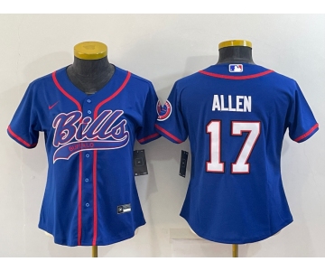 Women's Buffalo Bills #17 Josh Allen Blue With Patch Cool Base Stitched Baseball Jersey