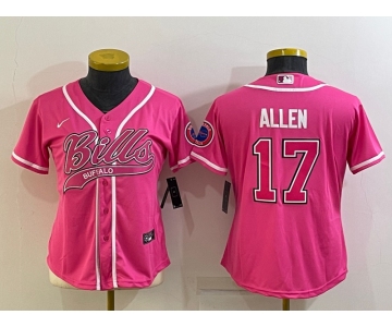 Women's Buffalo Bills #17 Josh Allen Pink With Patch Cool Base Stitched Baseball Jersey