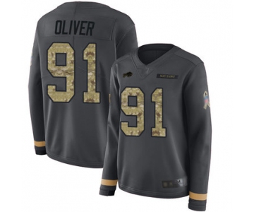 Bills #91 Ed Oliver Anthracite Salute to Service Women's Stitched Football Limited Therma Long Sleeve Jersey