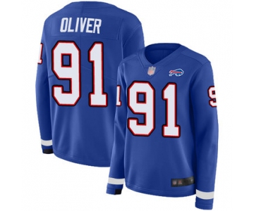 Bills #91 Ed Oliver Royal Blue Team Color Women's Stitched Football Limited Therma Long Sleeve Jersey