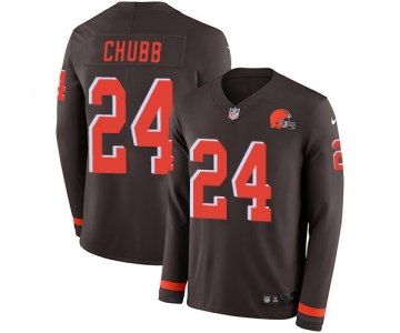 Nike Browns #24 Nick Chubb Brown Team Color Men's Stitched NFL Limited Therma Long Sleeve Jersey