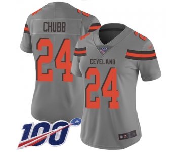 Nike Browns #24 Nick Chubb Gray Women's Stitched NFL Limited Inverted Legend 100th Season Jersey