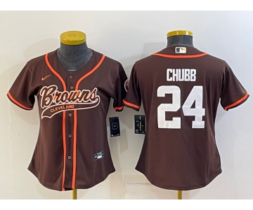 Women's Cleveland Browns #24 Nick Chubb Brown With Patch Cool Base Stitched Baseball Jersey