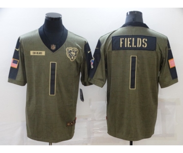 Men's Chicago Bears #1 Justin Fields 2021 Olive Salute To Service Limited Stitched Jersey