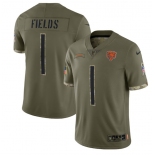 Men's Chicago Bears #1 Justin Fields 2022 Olive Salute To Service Limited Stitched Jersey