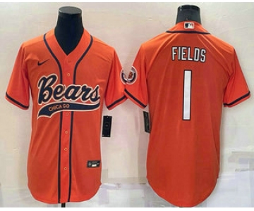 Men's Chicago Bears #1 Justin Fields Orange Stitched MLB Cool Base Nike Baseball Jersey