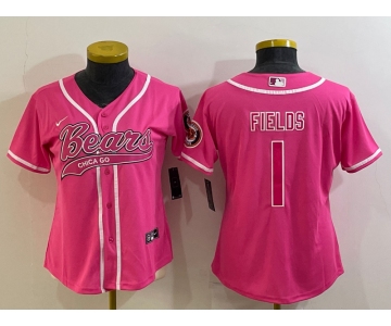 Women's Chicago Bears #1 Justin Fields Pink With Patch Cool Base Stitched Baseball Jersey