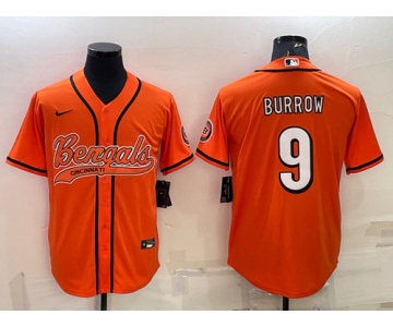 Men's Cincinnati Bengals #9 Joe Burrow Orange With Patch Cool Base Stitched Baseball Jersey