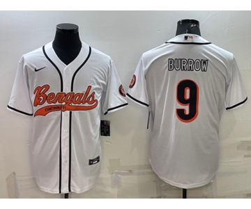 Men's Cincinnati Bengals #9 Joe Burrow White With Patch Cool Base Stitched Baseball Jersey