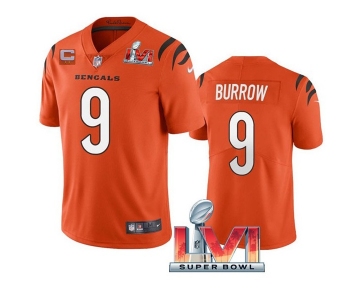 Men's Womens Youth Kids Cincinnati Bengals #9 Joe Burrow 2022 Orange With C Patch Super Bowl LVI Vapor Limited Stitched Jersey