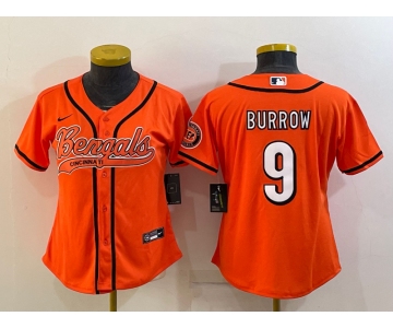 Women's Cincinnati Bengals #9 Joe Burrow Orange With Patch Cool Base Stitched Baseball Jersey