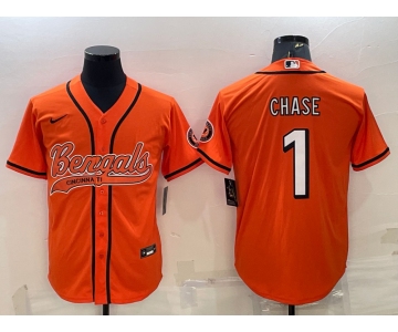 Men's Cincinnati Bengals #1 JaMarr Chase Orange With Patch Cool Base Stitched Baseball Jersey
