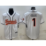 Men's Cincinnati Bengals #1 JaMarr Chase White With Patch Cool Base Stitched Baseball Jersey