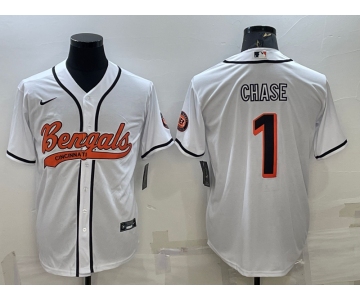 Men's Cincinnati Bengals #1 JaMarr Chase White With Patch Cool Base Stitched Baseball Jersey