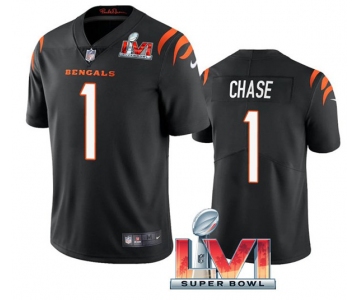 Men's Womens Youth Kids Cincinnati Bengals #1 Ja'Marr Chase Black 2022 Super Bowl LVI Vapor Limited Stitched Jersey