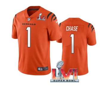 Men's Womens Youth Kids Cincinnati Bengals #1 Ja'Marr Chase Orange 2022 Super Bowl LVI Vapor Limited Stitched Jersey