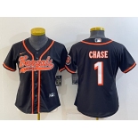 Women's Cincinnati Bengals #1 JaMarr Chase Black With Patch Cool Base Stitched Baseball Jersey