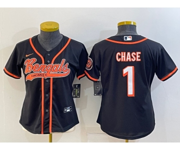 Women's Cincinnati Bengals #1 JaMarr Chase Black With Patch Cool Base Stitched Baseball Jersey