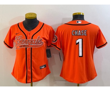 Women's Cincinnati Bengals #1 JaMarr Chase Orange With Patch Cool Base Stitched Baseball Jersey