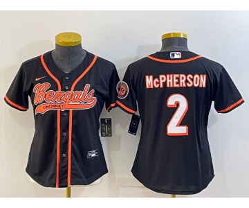 Women's Cincinnati Bengals #2 Evan McPherson Black With Patch Cool Base Stitched Baseball Jersey