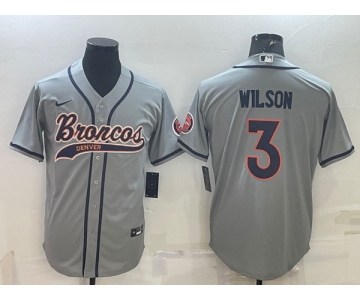 Men's Denver Broncos #3 Russell Wilson Gray With Patch Cool Base Stitched Baseball Jersey