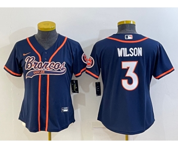 Women's Denver Broncos #3 Russell Wilson Navy Blue With Patch Cool Base Stitched Baseball Jersey