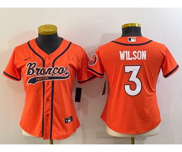 Women's Denver Broncos #3 Russell Wilson Orange With Patch Cool Base Stitched Baseball Jersey