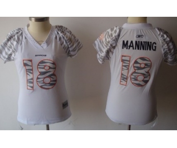 Denver Broncos #18 Peyton Manning White Womens Zebra Field Flirt Fashion Jersey