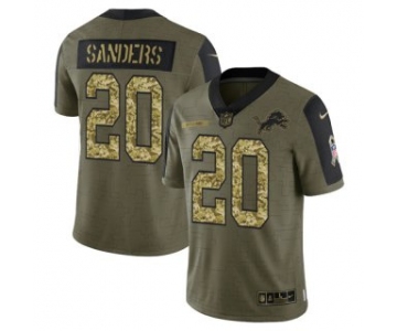 Men's Olive Detroit Lions #20 Barry Sanders 2021 Camo Salute To Service Limited Stitched Jersey