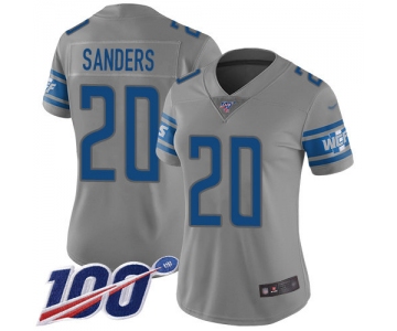 Nike Lions #20 Barry Sanders Gray Women's Stitched NFL Limited Inverted Legend 100th Season Jersey