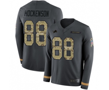 Lions #88 T.J. Hockenson Anthracite Salute to Service Men's Stitched Football Limited Therma Long Sleeve Jersey