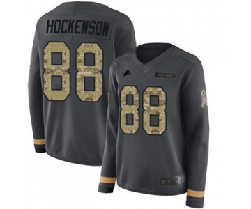 Lions #88 T.J. Hockenson Anthracite Salute to Service Women's Stitched Football Limited Therma Long Sleeve Jersey